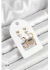 Pirinç Zirkon Taş Ve Kalp Figürlü Gold Renk 3lü Çift Kadın Küpe Set