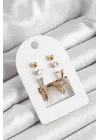 Pirinç Zirkon Taş Ve Yıldız Figürlü Gold Renk 3lü Çift Kadın Küpe Set