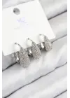 Pirinç Zirkon Taşlı 3lü Damla Model Gümüş Renk Kadın Küpe