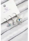 Pirinç Zirkon Taşlı 3lü Fatmanın Gözü Model Gümüş Renk Kadın Küpe