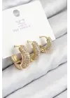 Çelik Zirkon Taşlı 3lü Halka Model Gold Renk Kadın Küpe