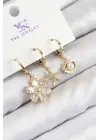 Pirinç Zirkon Taşlı 3lü İstiridye Ve Çiçek Model Gold Renk Kadın Küpe