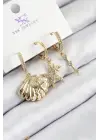 Pirinç Zirkon Taşlı 3lü İstiridye Ve Yıldız Model Gold Renk Kadın Küpe
