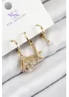Pirinç Zirkon Taşlı 3lü İstiridye Ve Yıldız Model Gold Renk Kadın Küpe