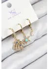 Pirinç Zirkon Taşlı 3lü İstiridye Ve Yıldız Model Gold Renk Kadın Küpe