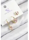 Pirinç Zirkon Taşlı 3lü Pembe Kalp Model Gold Renk Kadın Küpe