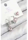Pirinç Zirkon Taşlı 3lü Pembe Kalp Model Gümüş Renk Kadın Küpe