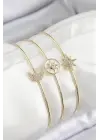 Pirinç Zirkon Taşlı Ay Ve Kutup Yıldızı Model Gold Renk Vip 3lü Kadın Bileklik