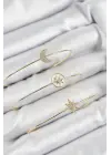 Pirinç Zirkon Taşlı Ay Ve Kutup Yıldızı Model Gold Renk Vip 3lü Kadın Bileklik