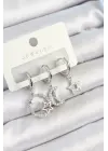 Pirinç Zirkon Taşlı Ay Ve Yıldız Model Gümüş Renk 3lü Çift Kadın Küpe Set