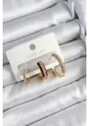 Pirinç Zirkon Taşlı Bordo Halka Model Gold Renk 3lü Çift Kadın Küpe Set