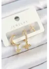 Pirinç Zirkon Taşlı Çiçek Ve Ay Model Gold Renk 3lü Çift Kadın Küpe Set