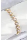 Pirinç Zirkon Taşlı Daire Baget Model Gold Renk VIP Seri Kadın Bileklik