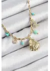 Pirinç Zirkon Taşlı Deniz Kabuğu Model Gold Renk Kadın Kolye