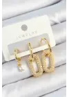Pirinç Zirkon Taşlı Dikdörtgen Model Gold Renk 3lü Çift Kadın Küpe Set