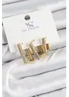 Pirinç Zİrkon Taşlı Dikdörtgen Model Gold Renk 3lü Kadın Küpe