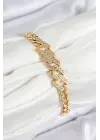 Pirinç Zirkon Taşlı Ezme Küba Zincir Model Gold Renk Kadın Bileklik