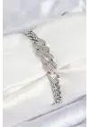 Pirinç Zirkon Taşlı Ezme Küba Zincir Model Gümüş Renk Kadın Bileklik