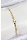 Pirinç Zirkon Taşlı Ezme Zincirli Kalp Model Gold Renk Kadın Bilekilk