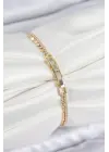 Pirinç Zirkon Taşlı Ezme Zincirli Kalp Model Gold Renk Kadın Bilekilk