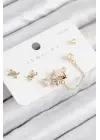 Pirinç Zirkon Taşlı Fiyonk Model Gold Renk 925 Ayar Gümüş Çivi Kadın Küpe Set