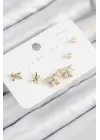 Pirinç Zirkon Taşlı Fiyonk Model Gold Renk 925 Ayar Gümüş Çivi Kadın Küpe Set