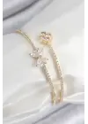 Pirinç Zirkon Taşlı Fiyonk Ve Yonca Model Gold Renk Kadın Bileklik