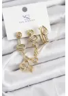 Pirinç Zİrkon Taşlı Geometrik Model Gold Renk 3lü Kadın Küpe