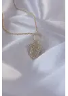 Pirinç Zirkon Taşlı Altın  Oval Detaylı Serenay Çelik Kolyesi