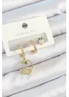 Pirinç Zirkon Taşlı Göz Ve Baykuş Model Gold Renk 3lü Çift Kadın Küpe Set