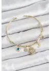 Pirinç Zirkon Taşlı Güneş Ay Nazar Model Gold Renk Charm Bileklik