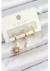 Pirinç Zirkon Taşlı Güneş Model Gold Renk 3lü Çift Kadın Küpe Set