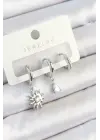 Pirinç Zirkon Taşlı Güneş Model Gümüş Renk 3lü Çift Kadın Küpe Set
