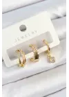 Pirinç Zirkon Taşlı Halka Model Gold Renk 3lü Çift Kadın Küpe Set