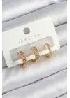 Pirinç Zirkon Taşlı Halka Model Gold Renk 3lü Çift Kadın Küpe Set