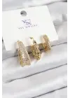 Pirinç Zİrkon Taşlı Halka Model Gold Renk 3lü Kadın Küpe
