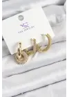 Çelik Zİrkon Taşlı Halka Model Gold Renk 3lü Kadın Küpe