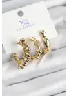 Pirinç Zİrkon Taşlı Halka Model Gold Renk 3lü Kadın Küpe