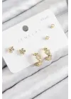 Pirinç Zirkon Taşlı Halka Model Gold Renk 925 Ayar Gümüş Çivi Kadın Küpe Set