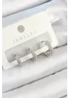 Pirinç Zirkon Taşlı Halka Model Gümüş Renk 3lü Çift Kadın Küpe Set