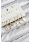 Pirinç Zirkon Taşlı Hello Kity Ve Yonca Model Gold Renk 6lı Küpe Set