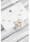 Pirinç Zirkon Taşlı İnci Sallantılı Damla Model Gold Renk 925 Ayar Gümüş Çivi Kadın Küpe Set