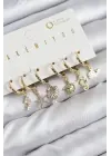 Pirinç Zirkon Taşlı İstiridye Balina Ve Yıldız Gold Renk 6lı Küpe Set