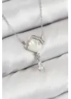 Pirinç Zirkon Taşlı İstiridye Model Gümüş Renk Kadın Kolye