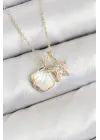 Pirinç Zirkon Taşlı İstiridye Ve Deniz Yıldızı Model Gold Renk Kadın Kolye