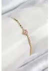 Pirinç Zirkon Taşlı Kalp Model Ezme Zincir Gold Renk Kadın Bileklik