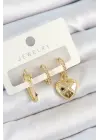 Pirinç Zirkon Taşlı Kalp Model Gold Renk 3lü Çift Kadın Küpe Set