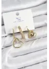 Pirinç Zİrkon Taşlı Kalp Model Gold Renk 3lü Kadın Küpe