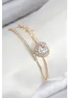 Pirinç Zirkon Taşlı Kalp Model Gold Renk Kadın Bileklik
