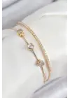 Pirinç Zirkon Taşlı Kalp Model Gold Renk Kadın Bileklik